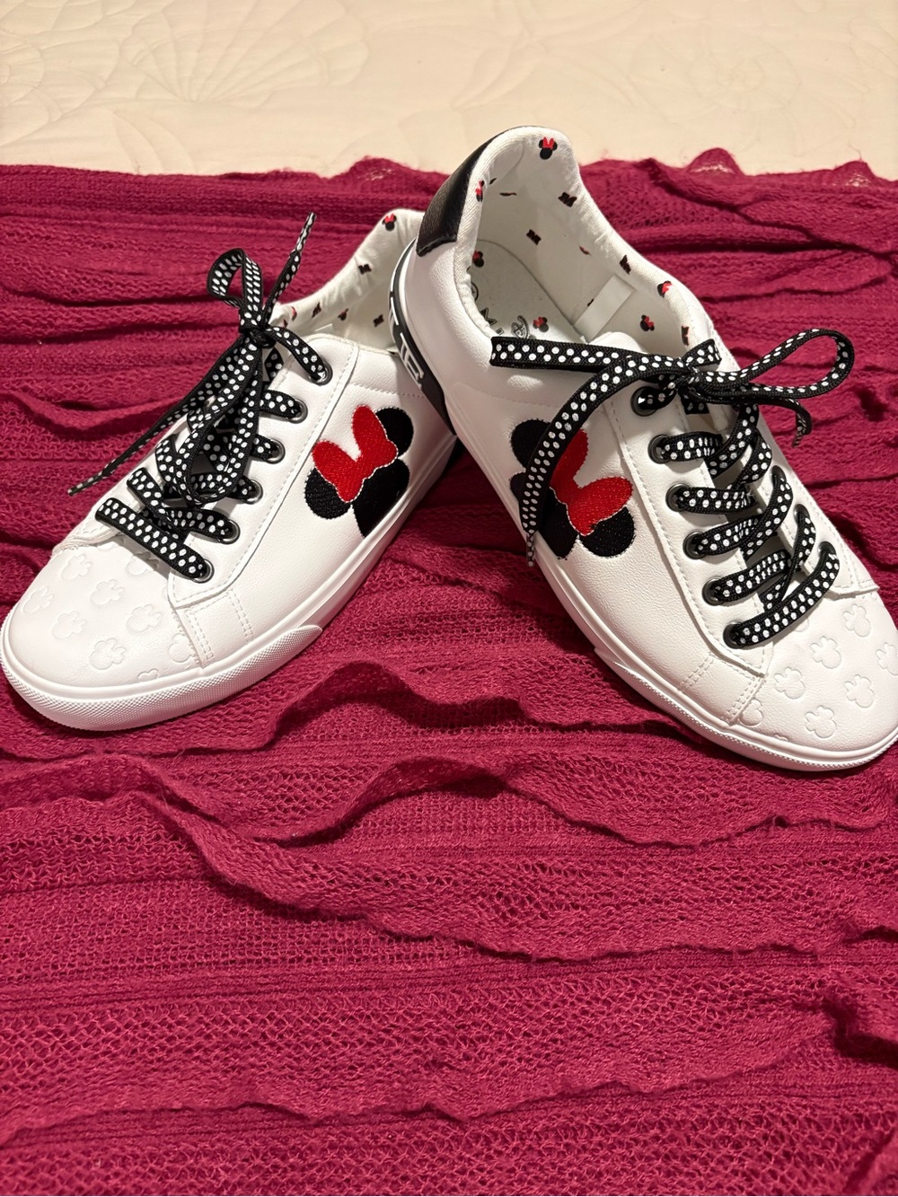Women’s White Minnie Mouse Sneakers with Red Bow Accent